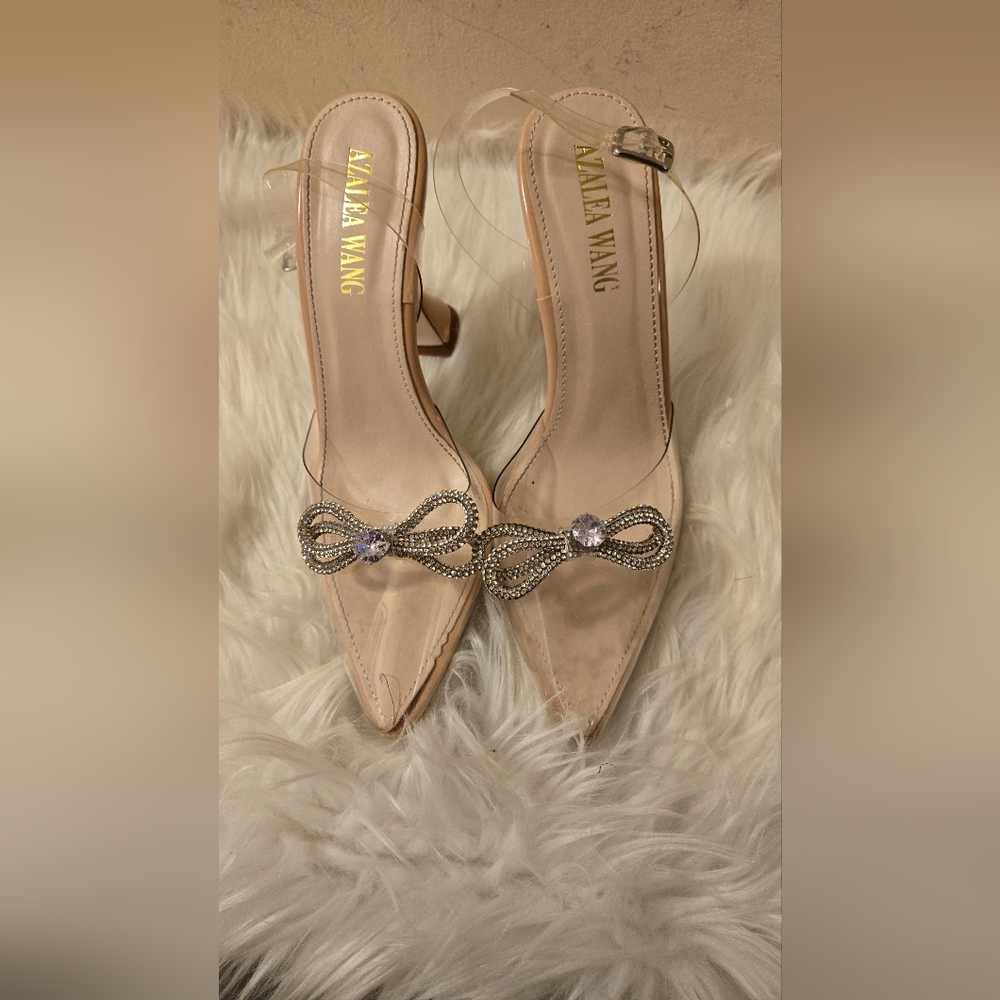 AZELEA WANG HEELS STRAP SANDALS WITH BOW AND RHINSTONES CLEAR size 8